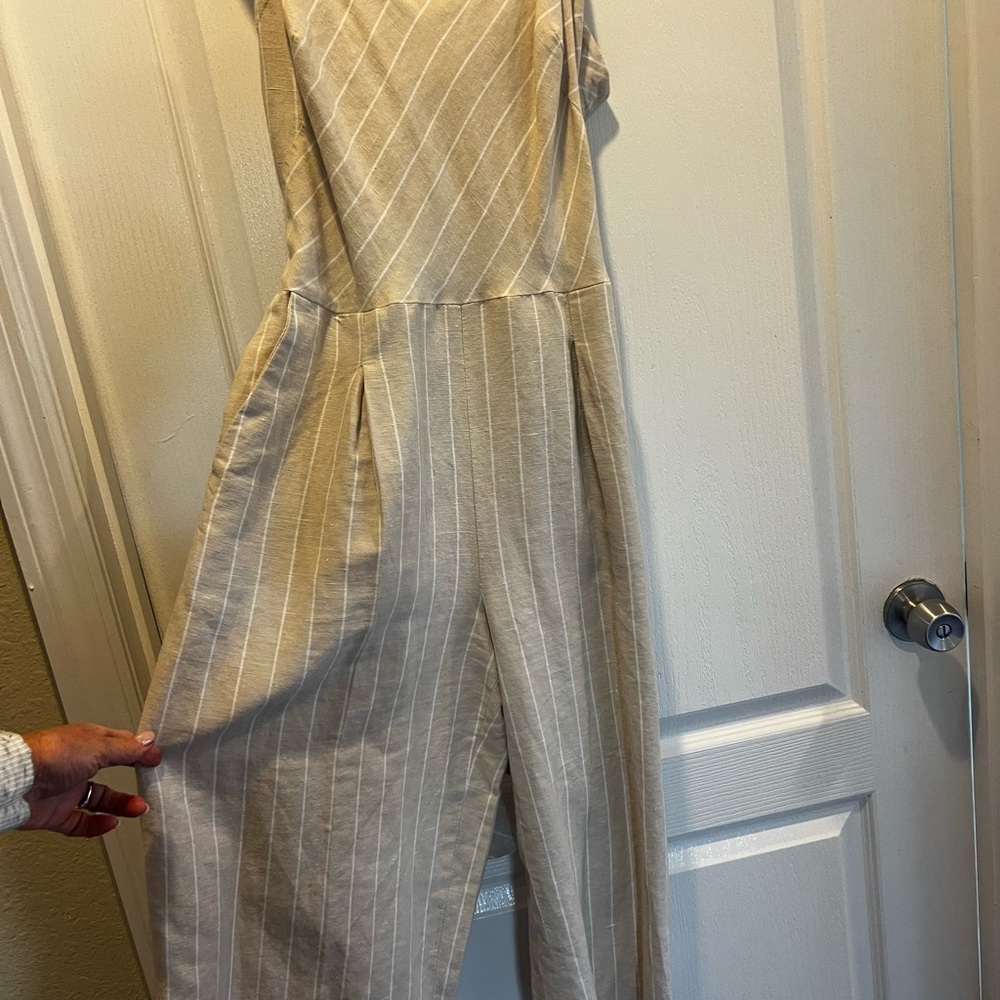 Dkny Beige & White Striped Wide-Leg Jumpsuit